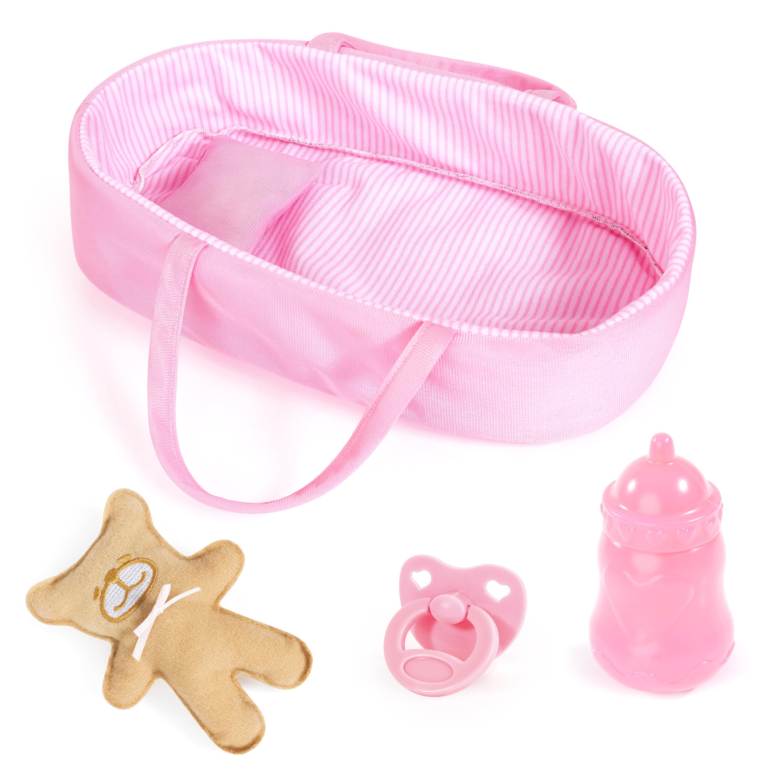 Bayer Design Bambola con culla portatile, coperta e cuscino | Bambola con ciuccio, biberon, orsacchiotto, corpo morbido, 28 cm