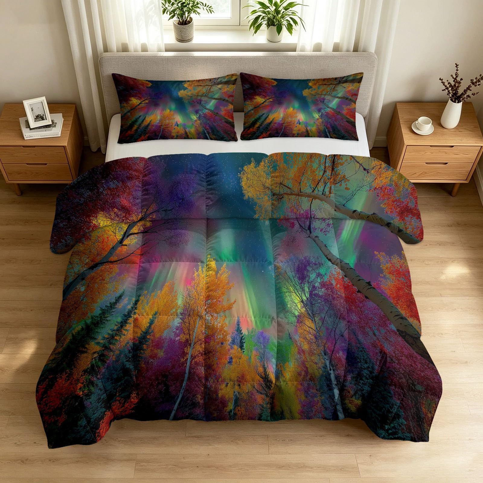 Generisch Trapunta da sogno con cielo notturno, senza rivestimento, 135 x 200 cm, motivo cielo stellato, foresta Aurora, ipoallergenico con 2 federe da 80 x 80 cm, trapunta reversibile, lavabile, 4