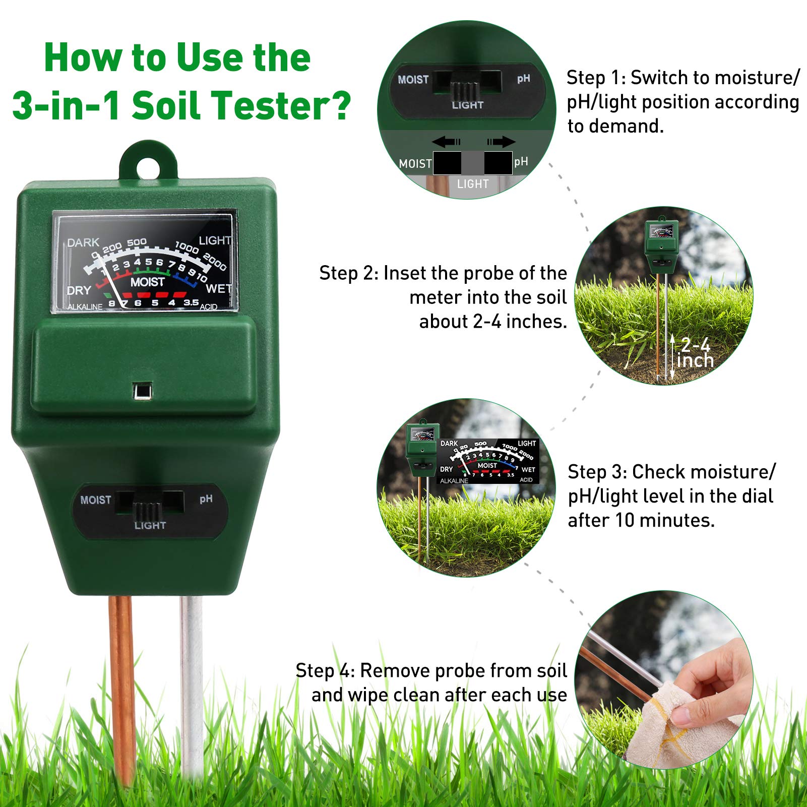 Soil Moisture Meter,3in1 Soil Test Kit,Soil PH/Moister/Light Tester