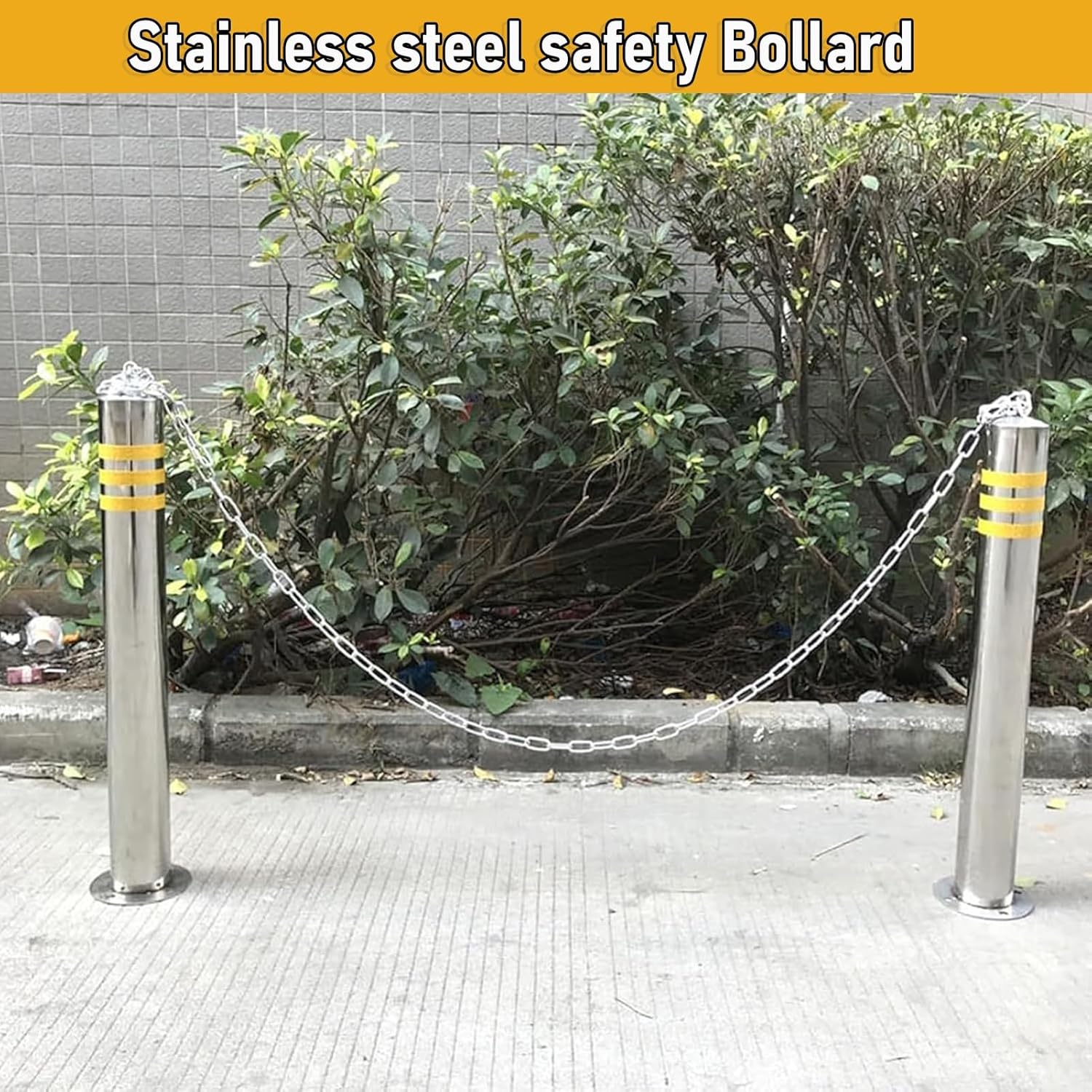 304 Stainless Steel Safety Bollard, Equipped with A 1m Chain and Reflective Strip, 23.6/29.5/39.3in High Parking Barrier(75x16.5cm/29.5x5.9in)
