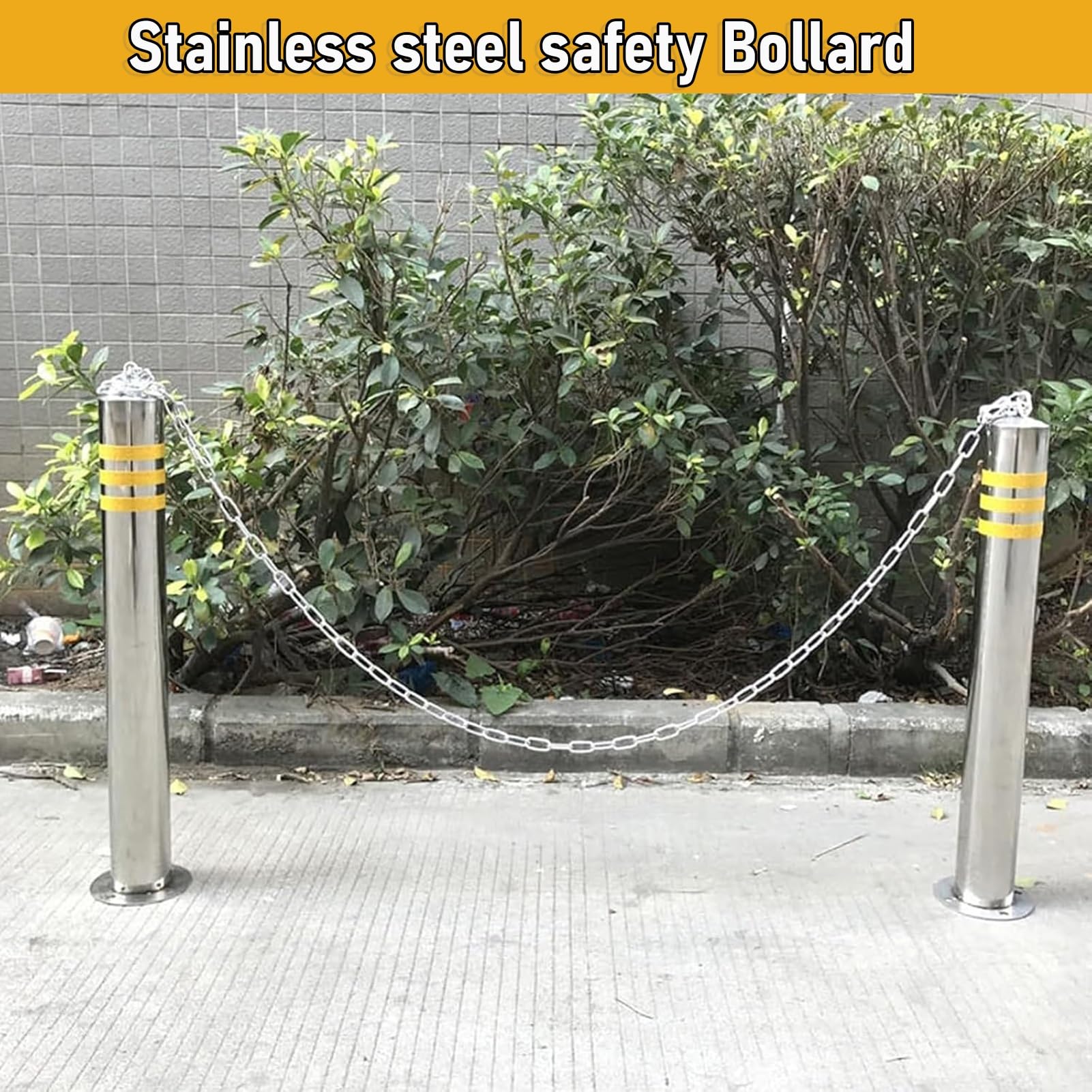 Genérico Barreras Reflectantes de Acero para Aparcamiento - Paquete de 2 bolardos de Seguridad con Cadena de 1 m para Zonas de Mucho tráfico, Ideales para centros comerciales, 100 x 6,3 cm (39,4 x 2,