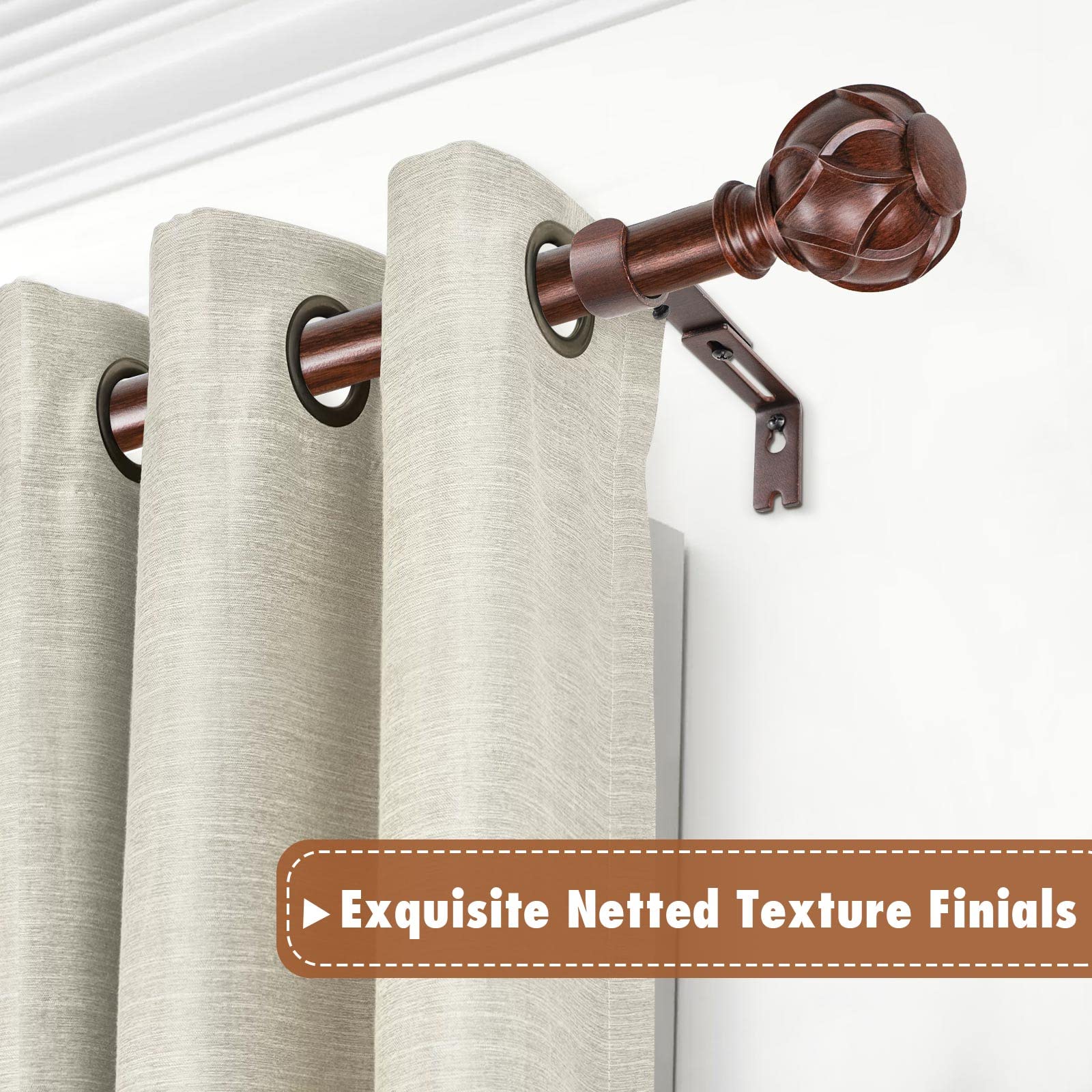 KAMANINA 1 Inch Curtain Rod Telescoping Single Drapery Rod 72 to 144 Inches (6-12 Feet), Curtain Rods for Windows, Netted Texture Finials, Red Imitation Wood Grain