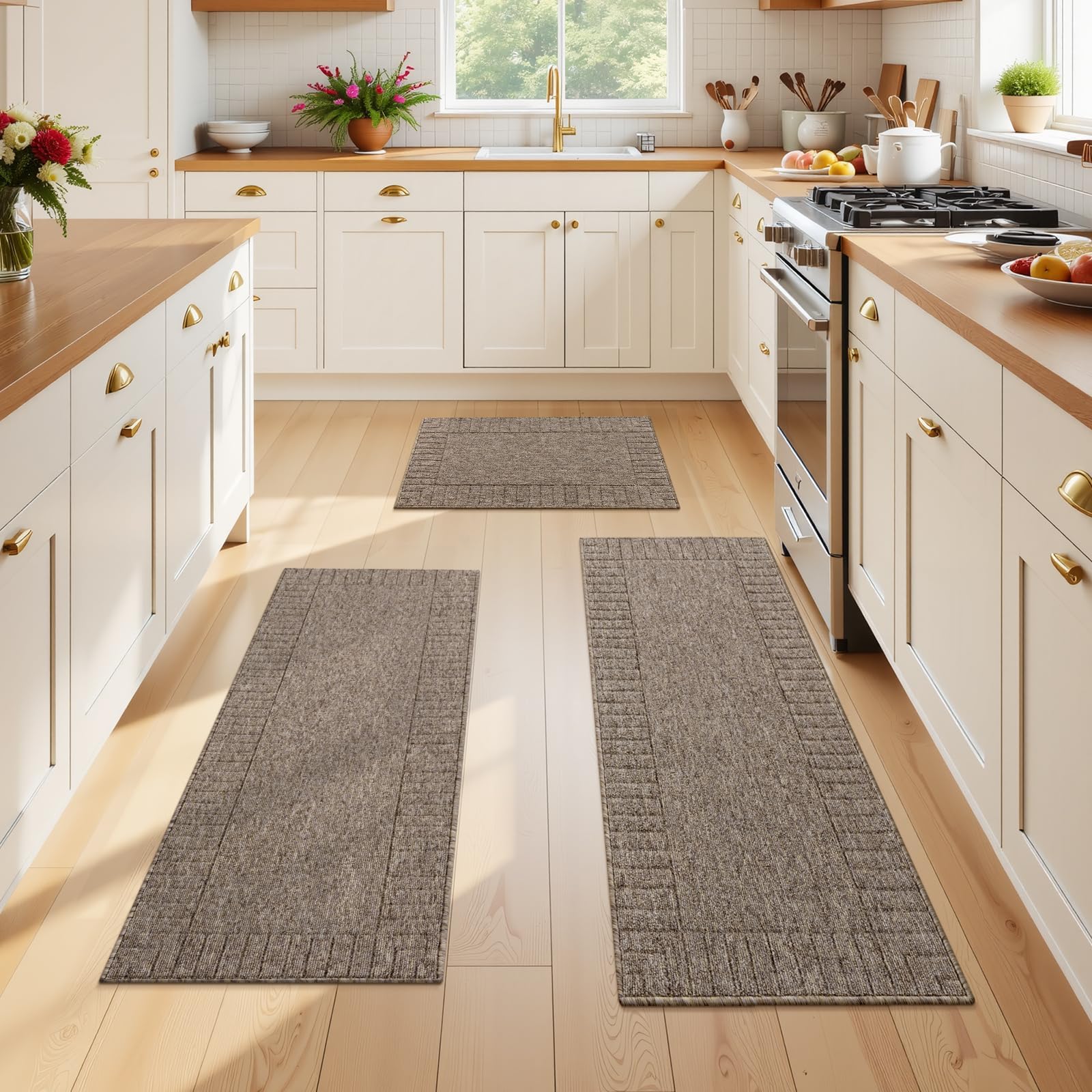 Kitchen Mats for Floor 3 Piece Set Non Slip Kitchen Rugs Washable Farmhouse Kitchen Floor Mats Thick Long Area Rug Carpet Runner for Hallway Entryway Laundry Bathroom, Brown