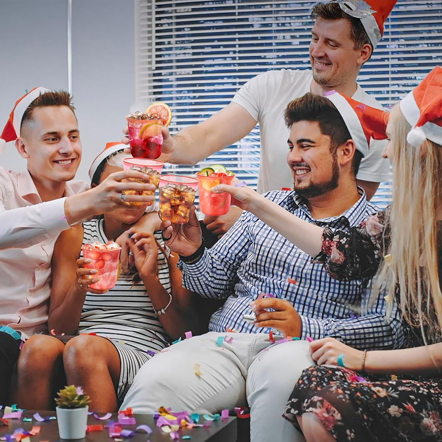 KesaPlan 50 Pcs Red Clear Plastic Cups for Party, 12 oz Disposable Stemless Wine Glasses, Cute Round Bottom Plastic Cocktail Cups for Christmas Valentine's Day Mother's Day Birthday Wedding Party - Image 4