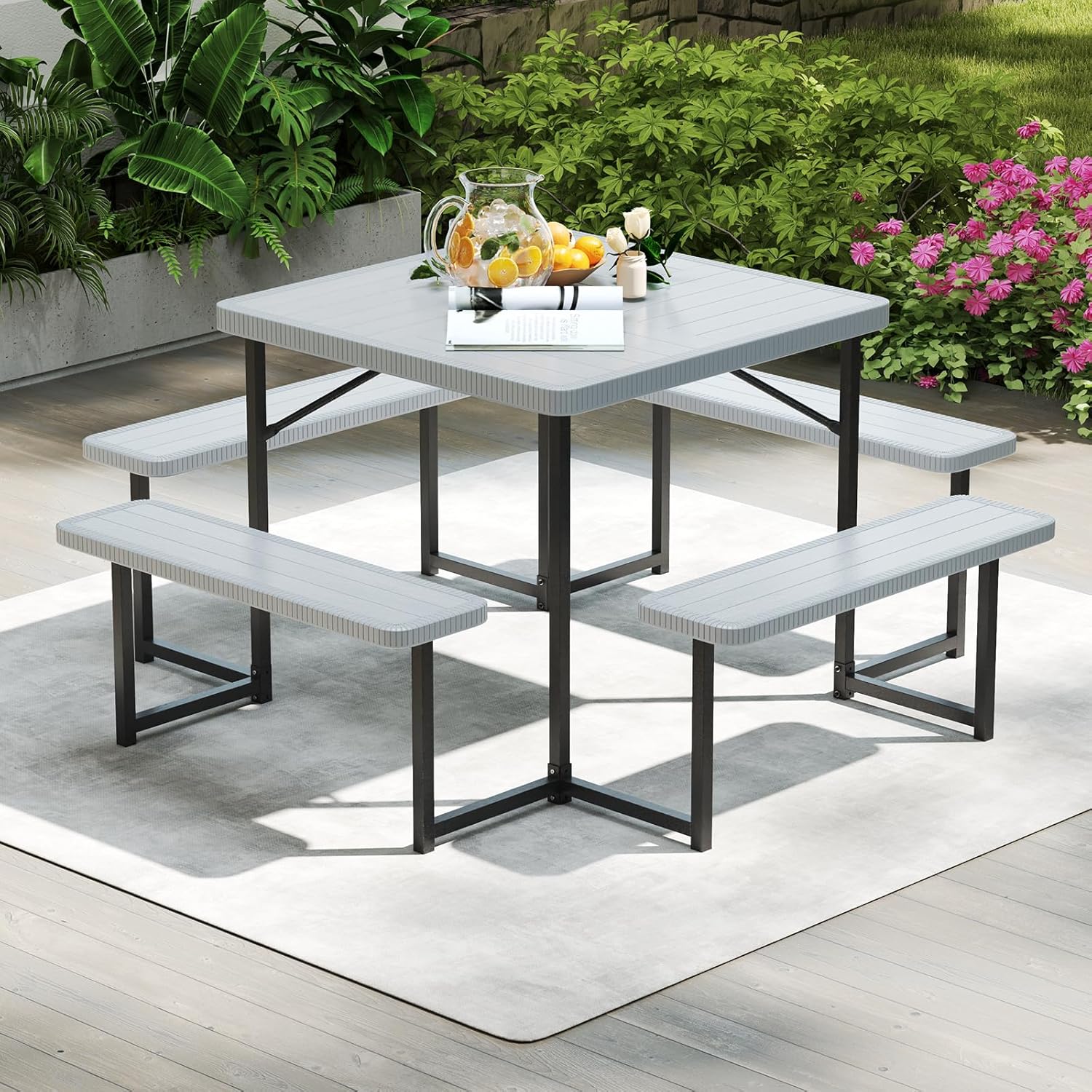 Byroce Outdoor Picnic Table for 4-8 Person, HDPE Picnic Camping Table Set with 4 Benches, Umbrella Hole & Metal Frame, Heavy Duty Square Dining Table Chairs for BBQ in Patio, Yard & Poolside (Gray)