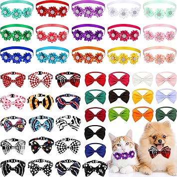 Frienda 45 Pieces Pet Collar Accessories Pet Flower Bows Set Dog Bow Tie Flower Collar Diamond Pet Bowties Accessories Adjustable Puppy Flower Bows for Small Dogs Cat Puppy Grooming Accessories