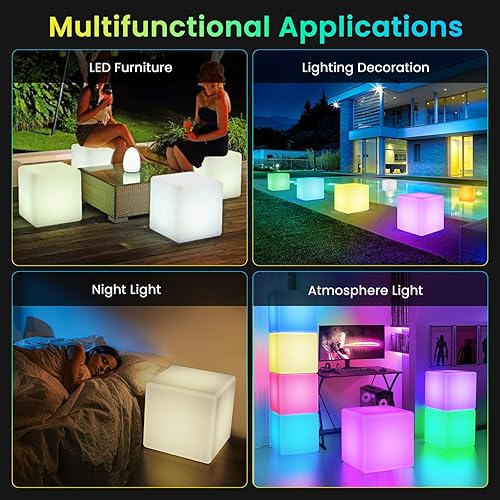 Miniatura 8 de LOFTEK Luces LED de cubo de 12 pulgadas luz cambiante de colores RGB recargable con control remoto, mesa de taburete LED impermeable IP65,
