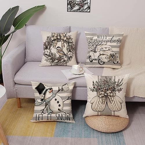 Miniatura 6 de Hello Winter - Juego de 4 fundas de almohada decorativas grises de 18 x 18 pulgadas, muñeco de nieve, camión de nieve, árbol de Navidad, porche,