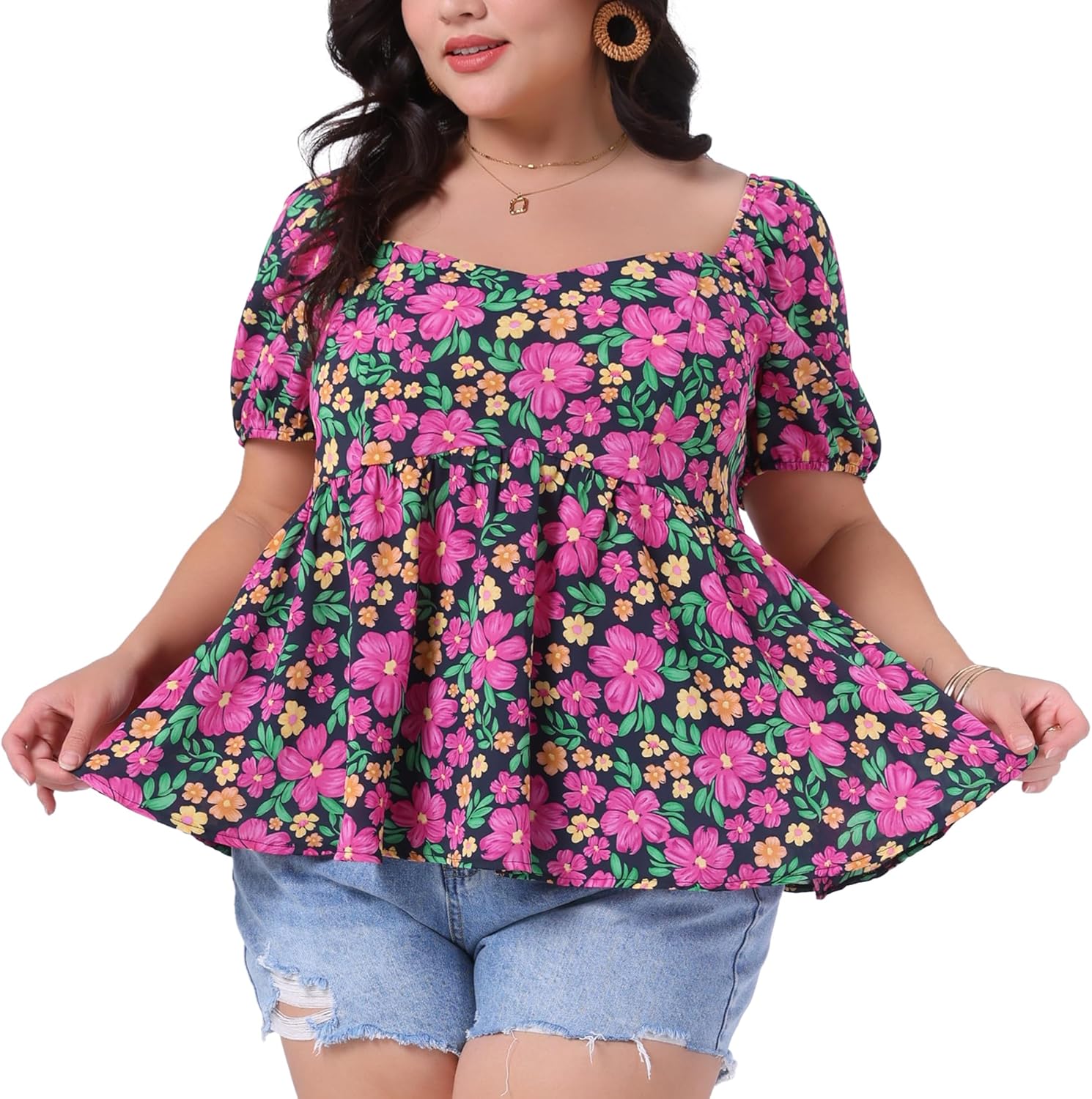 Agnes Orinda Plus Size Tops for Women Sweetheart Neck Short Sleeve Back Smocked Ruffle Hem Floral Blouses