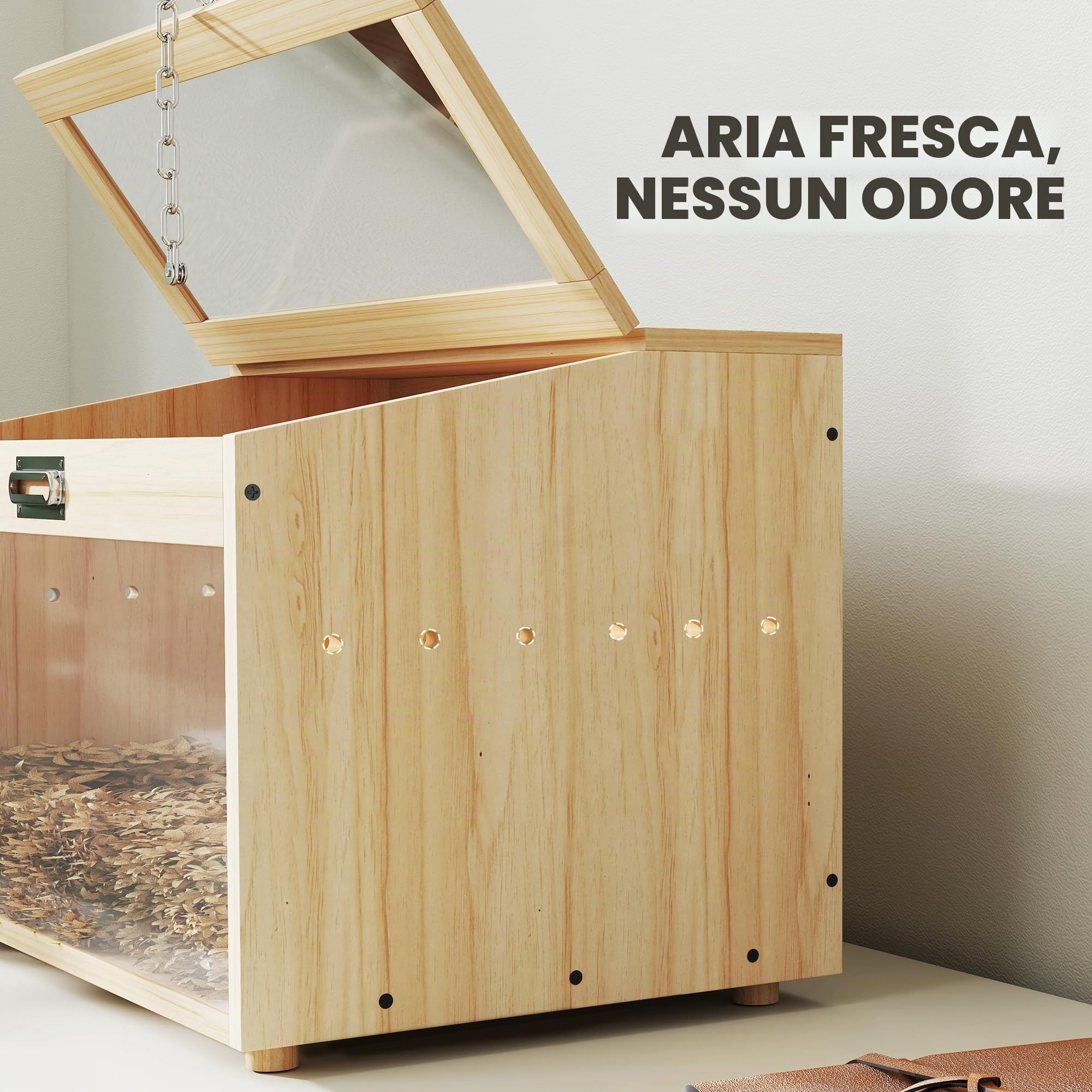 PawHut Gabbia per criceto in legno, Gabbia per topi con coperchio apribile, finestra in acrilico e fori di ventilazione per criceti nani e gerbilli, 55 x 35 x 35 cm, effetto legno naturale