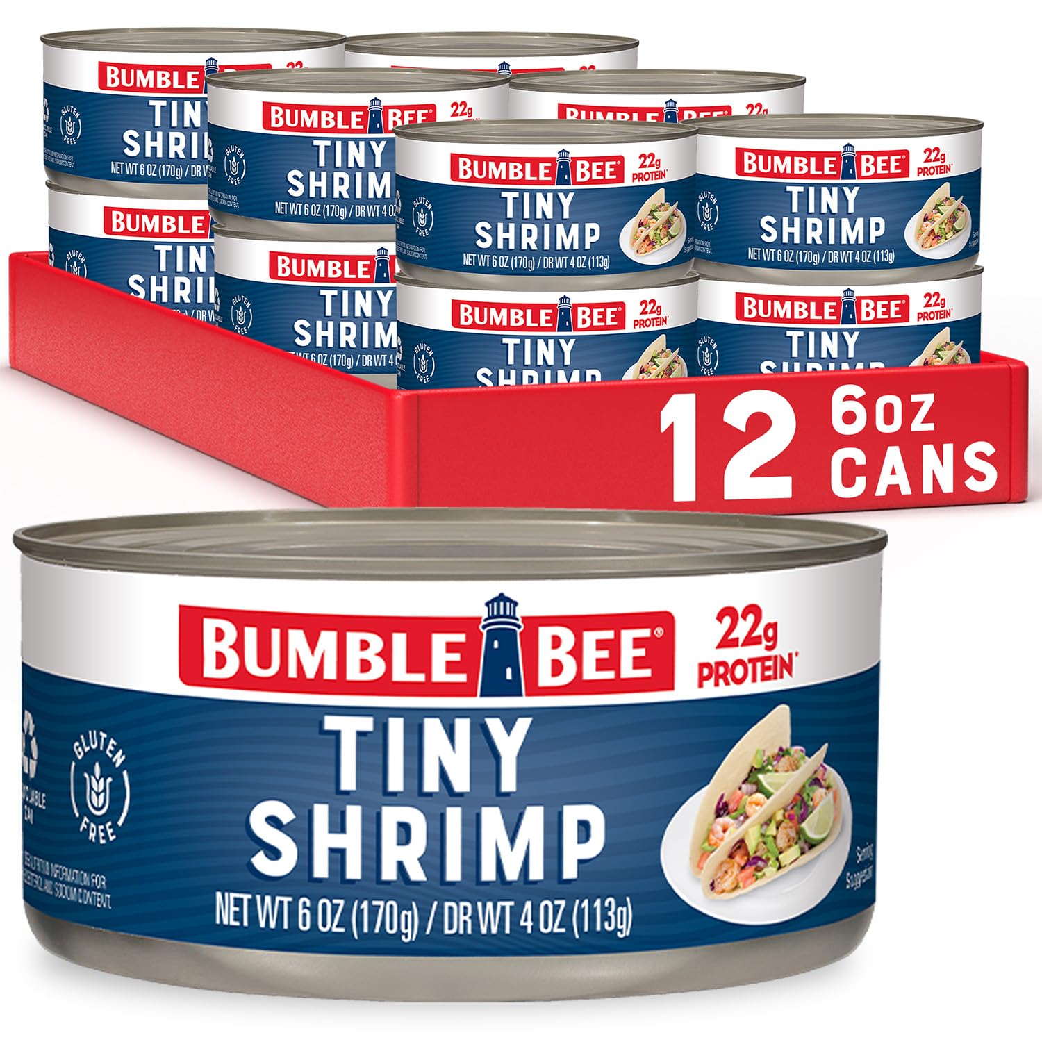 Bumble Bee Tiny Canned Shrimp, 6 oz Cans (Pack of 12) - Shrimp in Water, Cooked, Peeled, Deveined - 22g Protein per Serving - Gluten Free
