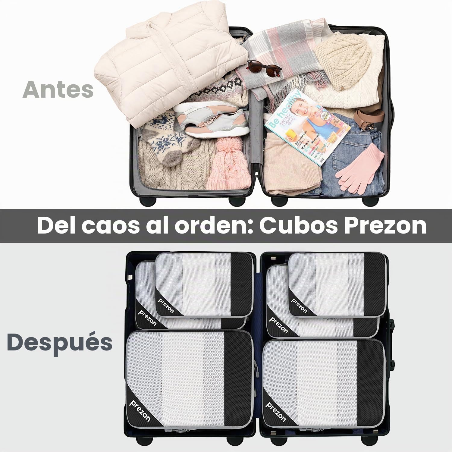 Versatile 6-Set Cubos de embalaje huecos con compresión, Diseño de malla transparente, Ahorran espacio y son ligeros, Arganizador de equipaje portátil y duradero, Negro