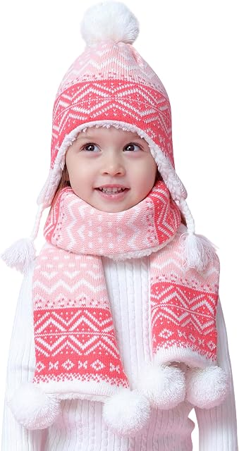 Girls Velvet Lined Beanie Hat Scarf Knitted 2pcs Set Winter Kids Baby 3-4 Years Thermal Pom Pom Cap Neckerchief Bohemia, Pink-XL