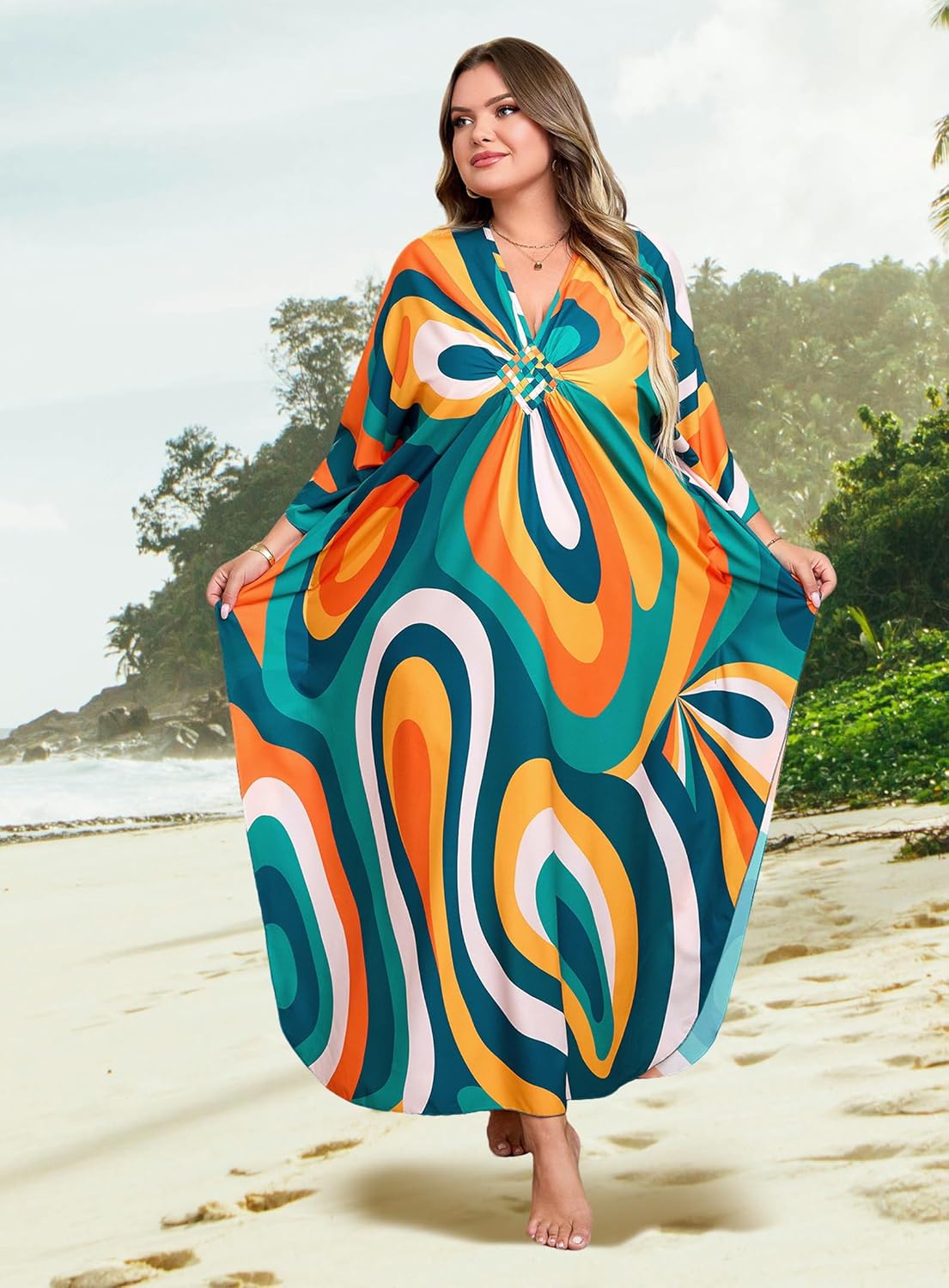 Kaftan Dresses Plus Size V-Neck Women's Swimwear Cover Ups Tie Dye Batwing Sleeves Mumu Caftan Dress - Image 6