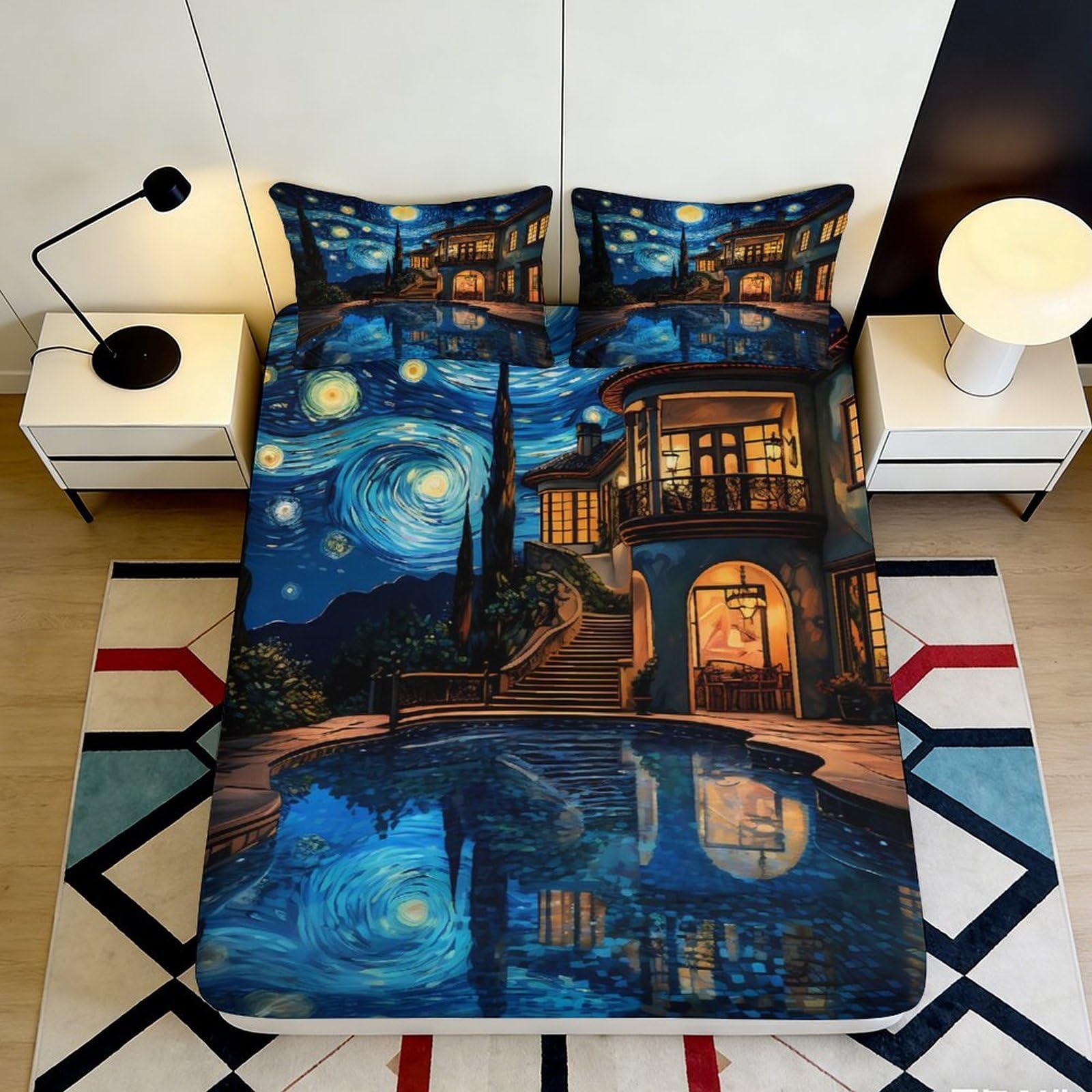 Pnayamiorkfel Style-4 3D Printed Starry Night Mansion Fitted Sheet Microfiber Soft Bed Sheet For Bedroom Guest Room Artistic Decor 90X200x25cm