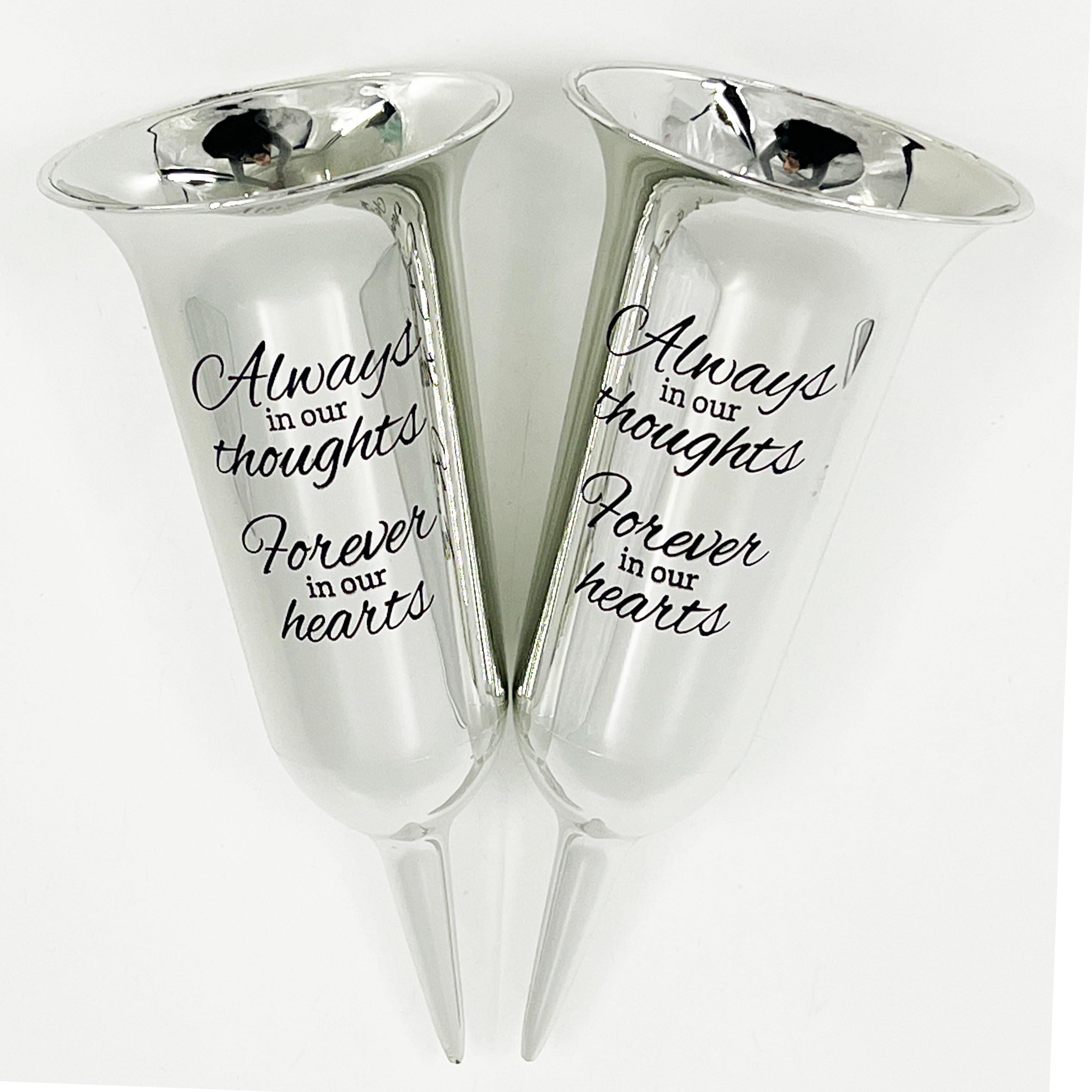 Set of 2 Silver Mirrored Mirror Forever in Our Hearts Fluted Spiked Memorial Grave Flower Vases