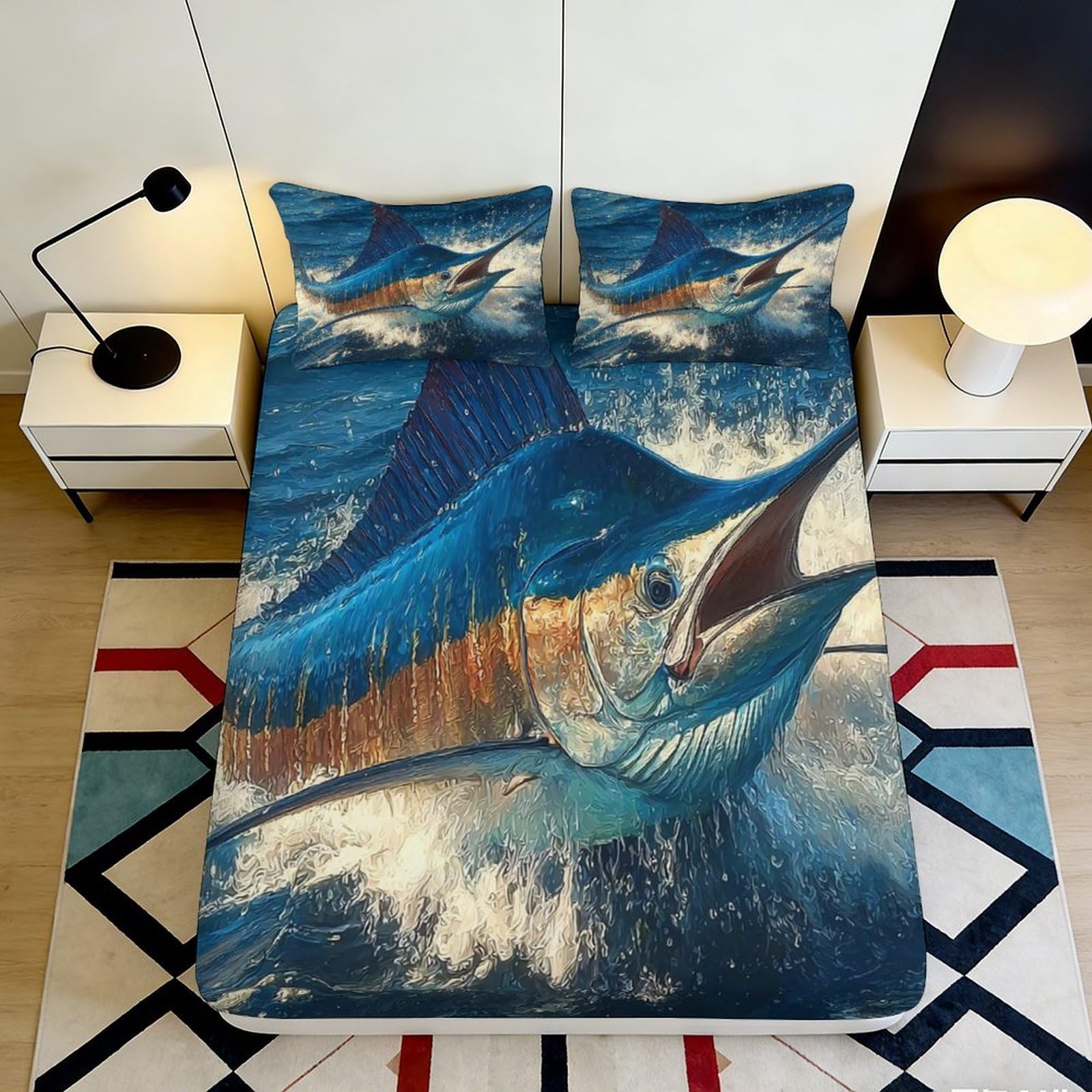 3D Printed Blue Marlin Fitted Sheet Microfiber Durable Soft Ocean Fish Mattress Cover for Bedroom Dormitory Guest Room Protection Decoration 120x200x25cm