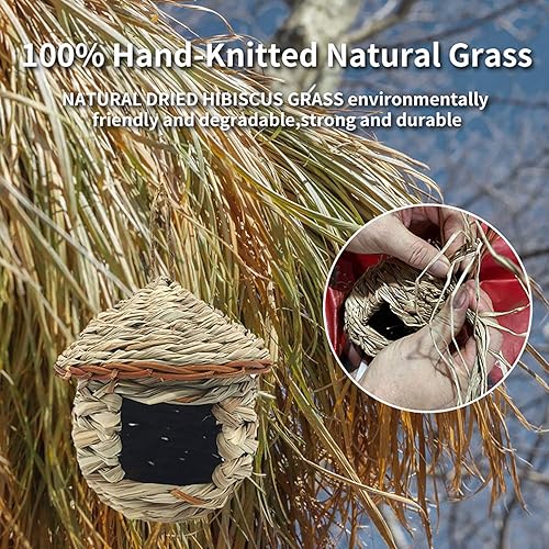 Miniatura 3 de Paquete de 3 casas de colibríes, nido de pájaros tejido a mano para colgar al aire libre, pequeñas casas de pájaros de hierba para exteriores,