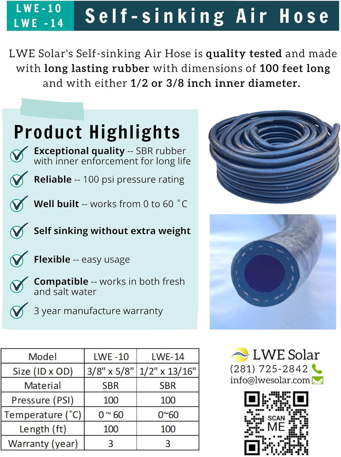 Self Sinking Weighted Air Hose - 3/8" Inch ID SBR Rubber - 100 Feet