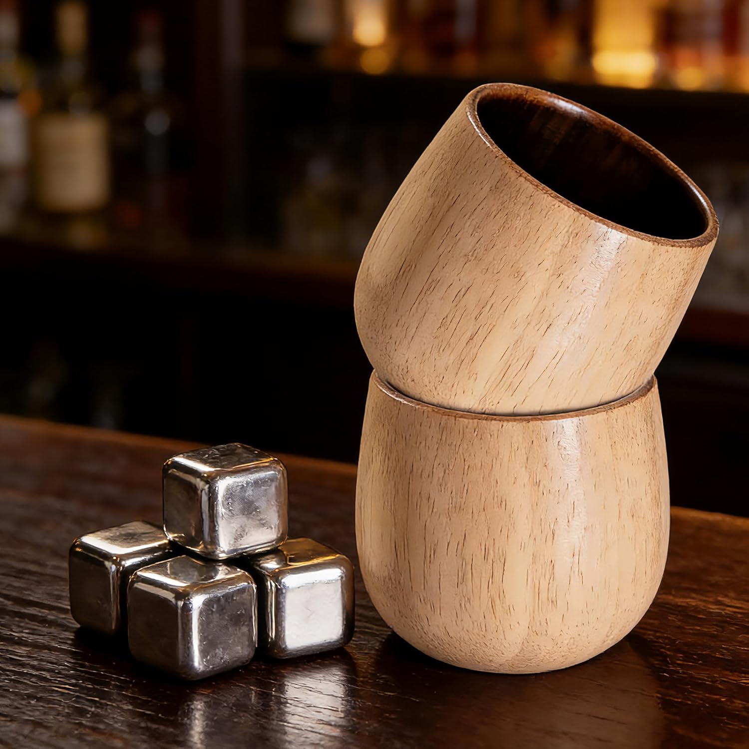 Charred Wooden Whiskey Glass Set – 2-Pack 12oz Handcrafted Bourbon Glasses with 4 Stainless Steel Chilling Cubes – Unique Whiskey Gifts for Men, Dad, Husband, Brother（White）