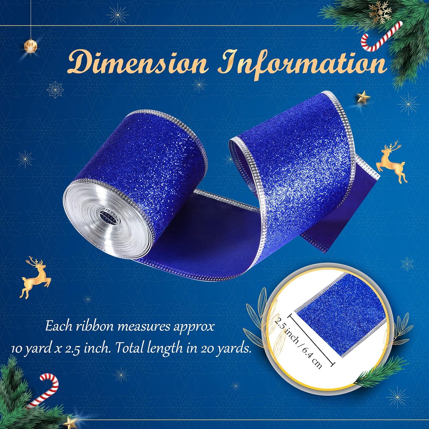 2 Rolls 20 Yards Christmas Wired Blue Glitter Ribbon Metallic Wired Ribbon Craft Gift Wrapping for DIY Xmas Party Bows Decorations Supplies(2.5 Inches,Blue)