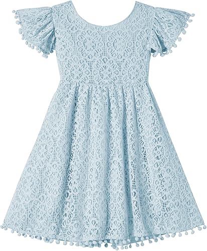 Miniatura 2 de Niyage Vestido sin espalda para niñas con espalda abierta, lazo de encaje, lazo en la espalda, pompón, mangas con volantes, vestidos de princesa