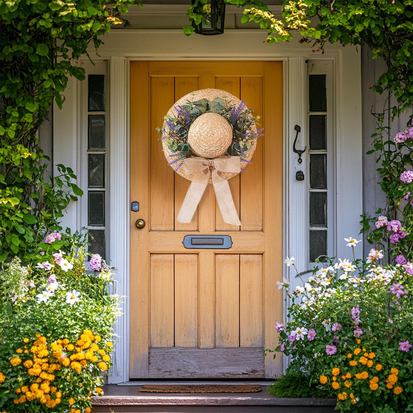 Dilicoming Frühlings-Eukalyptus-Kränze für Haustür, 40,6 cm, Sommer-Herbst-Strohhut-Kranz mit Schleife, Frauen-Geschenk, für Innen- und Außenbereich, Kränze für Wand, Fenster, Bauernhaus, Party