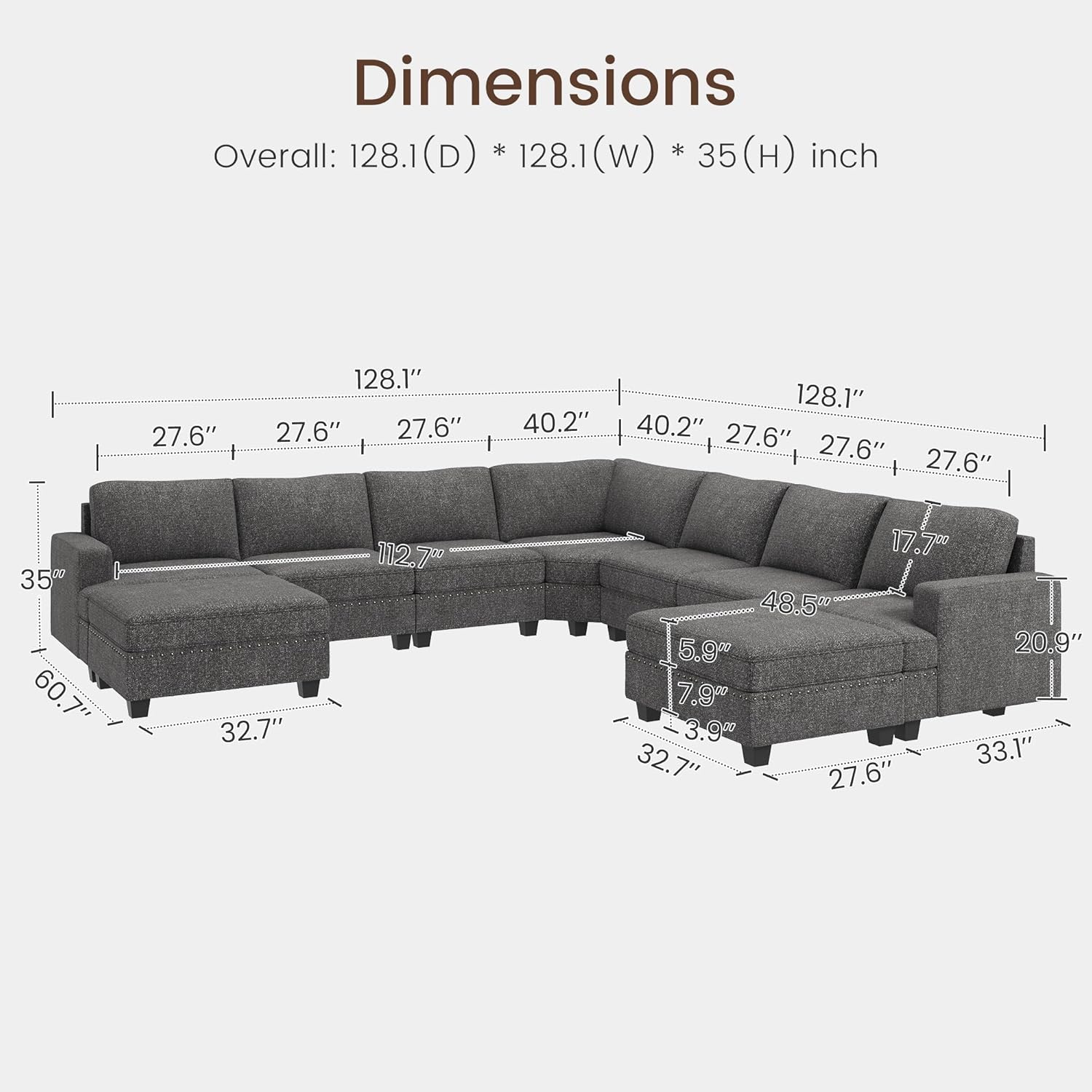 Nolany Oversized Modular Sectional Sofa U Shaped Modular Couch with Storage Ottman Convertible Corner Sofa with Deep& Wide Seat,128.1 inch,Light Grey