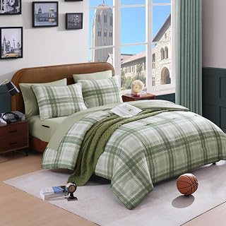Plaid Twin XL Comforter Set Green 5 Pieces Bed in a Bag for College Dorm