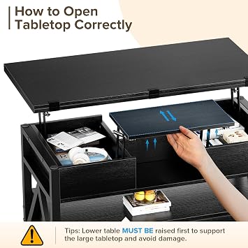 Memobarco 40 Lift Top Coffee Table,4 in 1 Multi-Function Lift Coffee Tables with Storage Drawers and Hidden Compartmen,Farmhouse Coffee Table with Lifting top for Living Room,Black