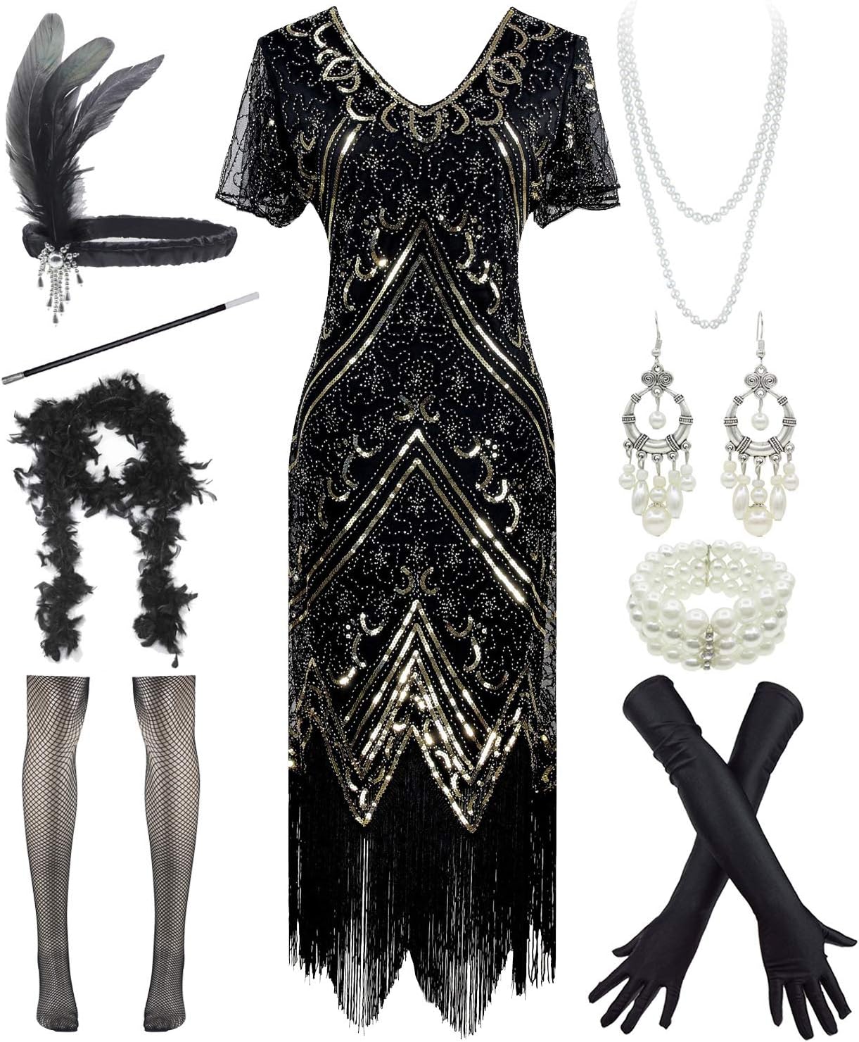 Dancing Stone 1920s Sequin Mermaid Formal Long Flapper Gown Party Evening Dress With 20s Accessories Set (S, Style Flower 1 Black Gold)