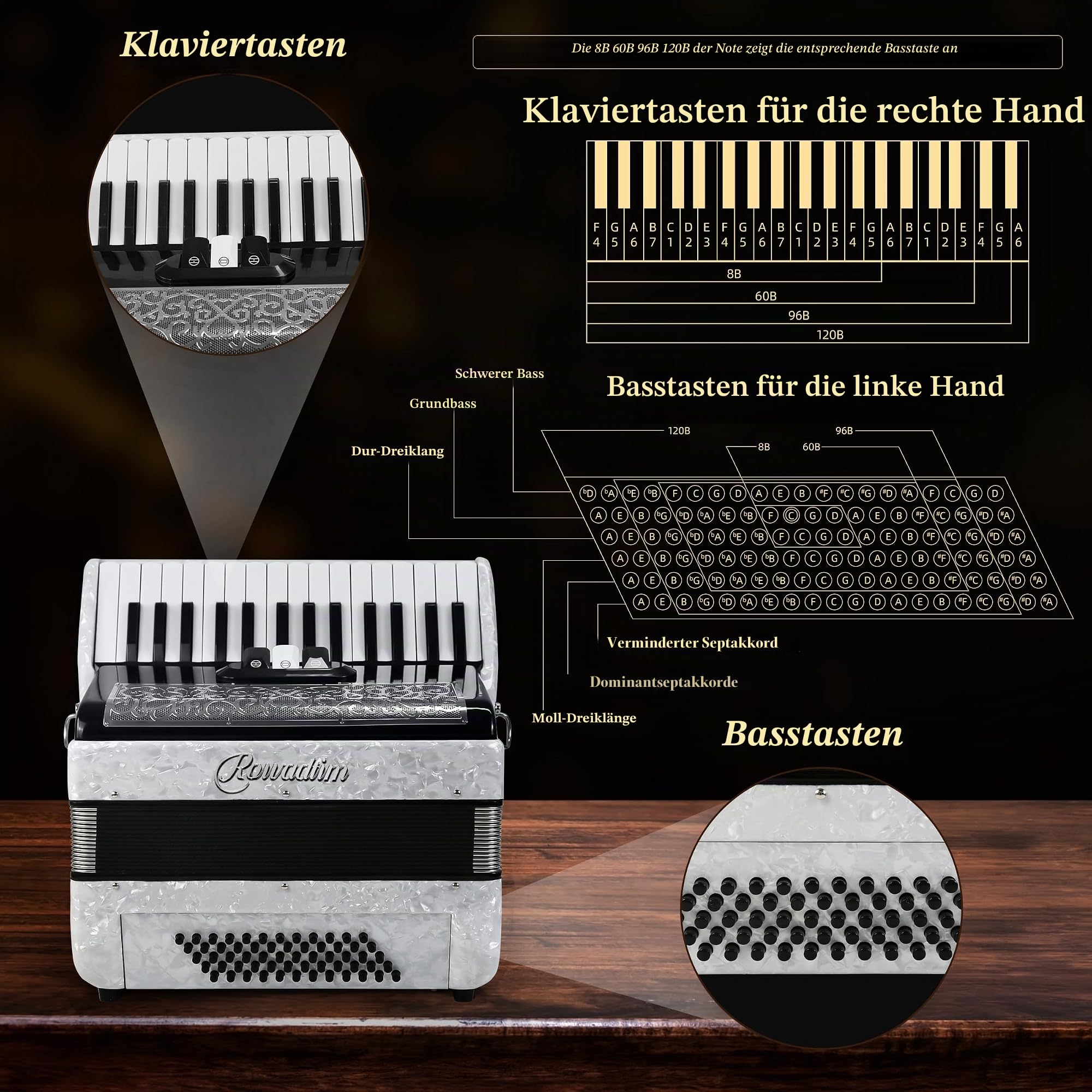 Akkordeon - 30 Tasten 60 Bass Professionelles Keyboard mit Rucksack & Gurt, ideal für Anfänger, Erwachsene, Studenten & Musikliebhaber (Weiß)