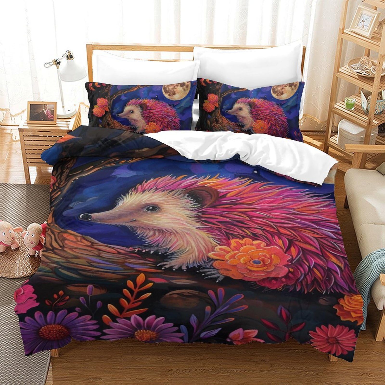 Housse de couette herisson 3d 140x200 cm avec 2 taies d'oreiller pour lit simple