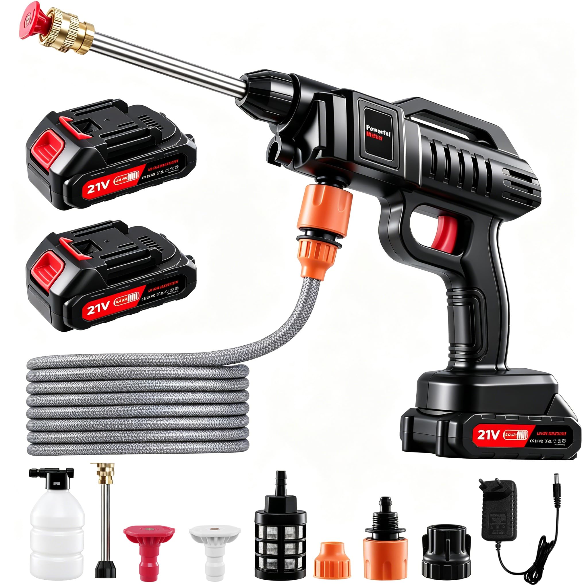 Nettoyeur haute pression sans fil avec buse multifonction 3-en-1, 21 V, 1500 W, 60 bar, nettoyeur haute pression portable, avec 2 buses, 2 batteries, tuyau de 5 m, nettoyeur haute pression mobile (pas