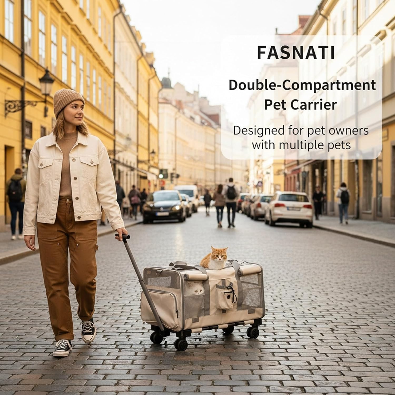 Foldable Large Pet Carrier with Wheels—Accommodates Two Pets, Includes cat Toy and Storage Strap. Breathable and Portable, Ideal for Hiking, Camping, and Travel (Beige)