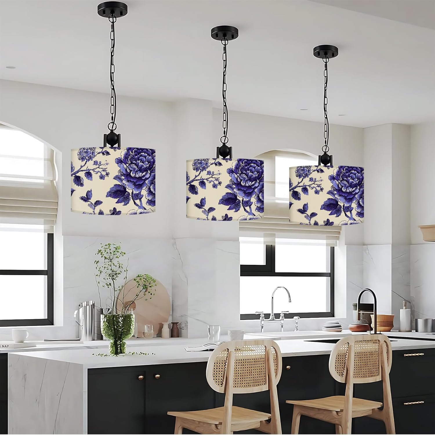 Table Lamp Shade, 13”W x 10”H HD Printing Geometric floral leaves marble Lampshade, Lamps shades, Modern Lampshade Decor for Table and Floor Lamps (Blue)