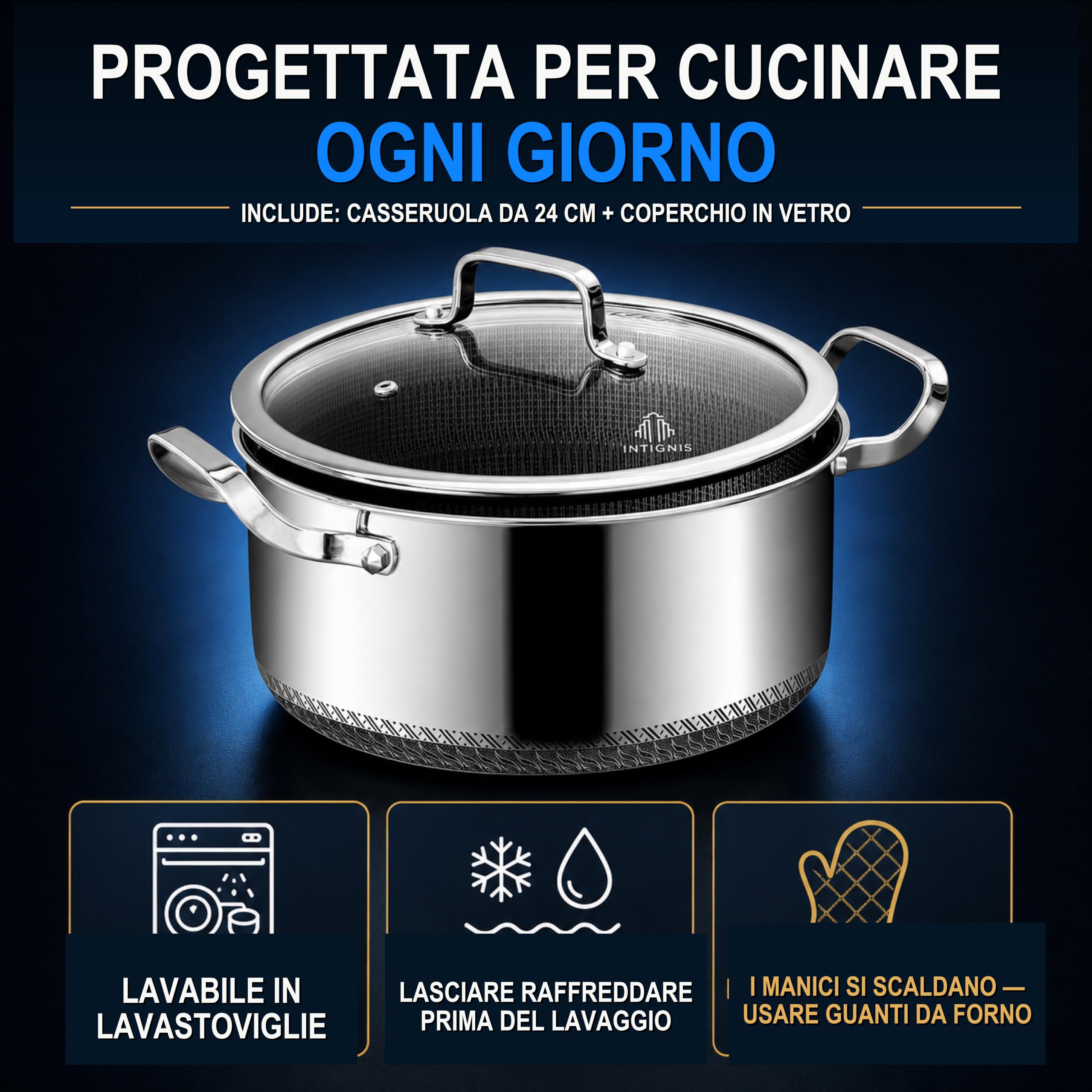 INTIGNIS® Pentola con Coperchio | Casseruola Antiaderente in Acciaio inox con Coperchio | Compatibile con l'induzione | Resistente ai Graffi | Adatta al Forno | Resistente (5 Litro)