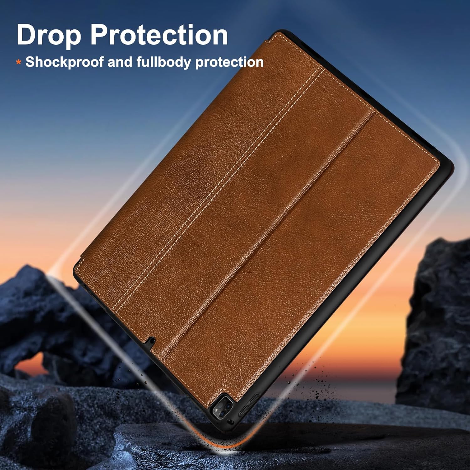 Gexmil Leather Case for iPad Pro 12.9 Inch, 2nd/1st Generation(2017/2015), Premium Leather Cover with Pencil Holder,Cowhide Folio Cover Auto Sleep/Wake,Anti-Fingerprint,Yellow Brown