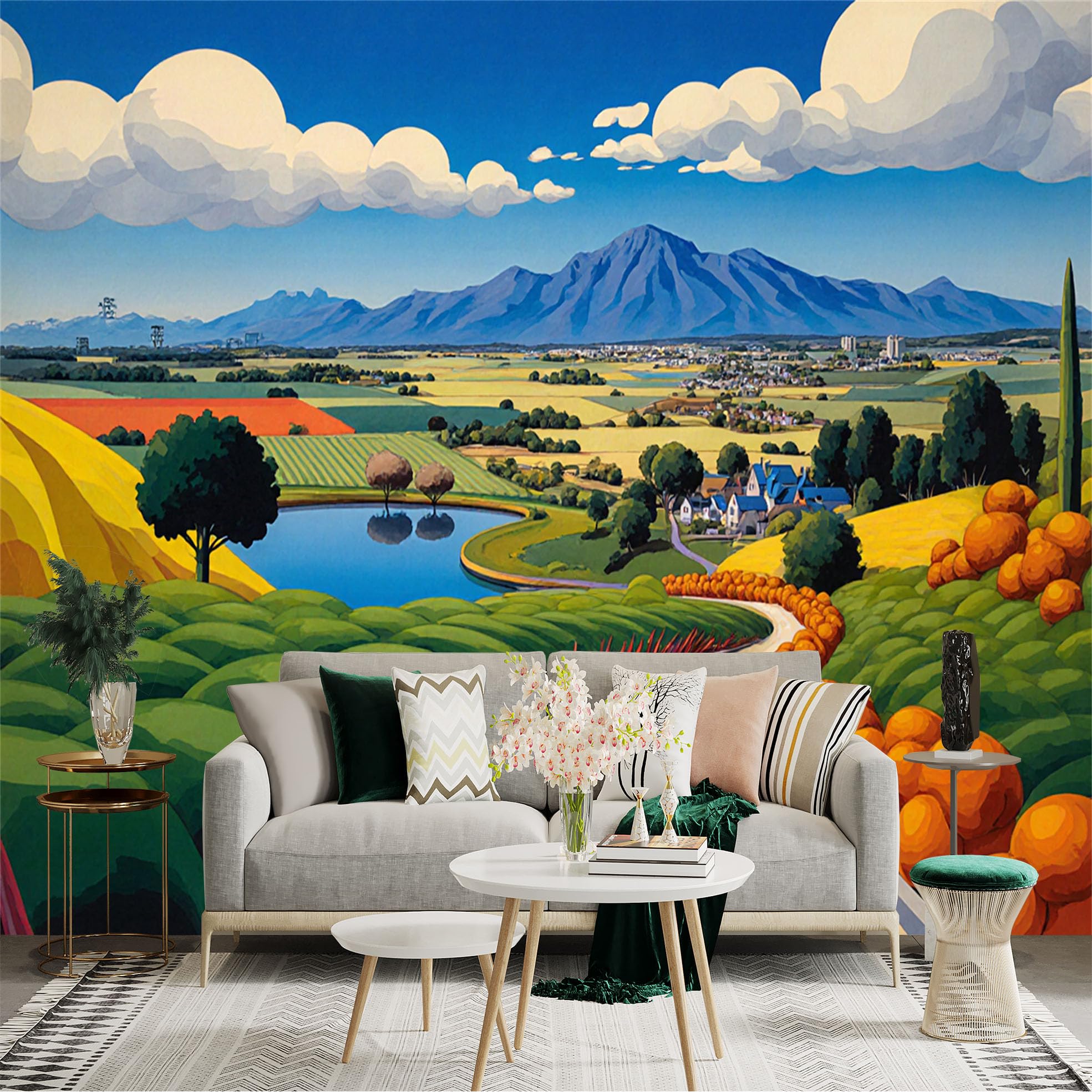 Custom Size Wall Sticker Mural， Colorful Countryside Landscape with Road， Lake， Fields and Mountains， for wall Decoration， peelandstick wall Decals.