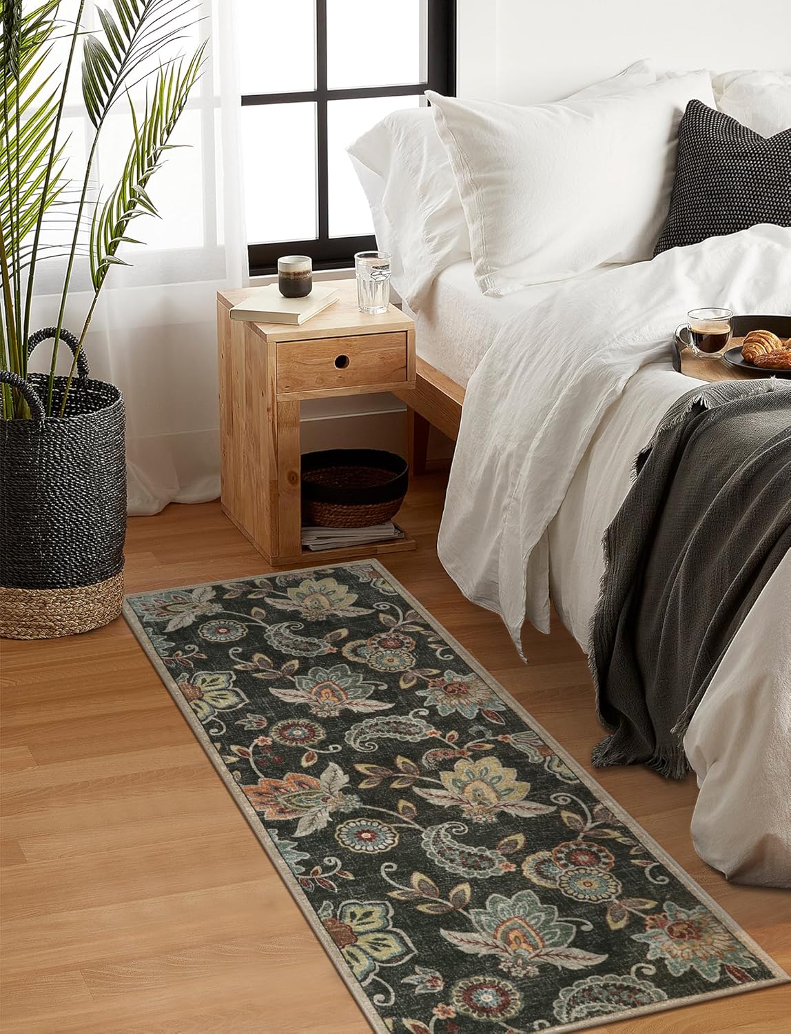 Morebes Floral Bathroom Runner Rugs 24 x 60 Non Slip,Washable Kitchen Runner Rug,Distressed Paisley Entryway Rug Bath Mat,Non Shedding Throw Carpet Runner for Entrance Laundry,Brownish Black