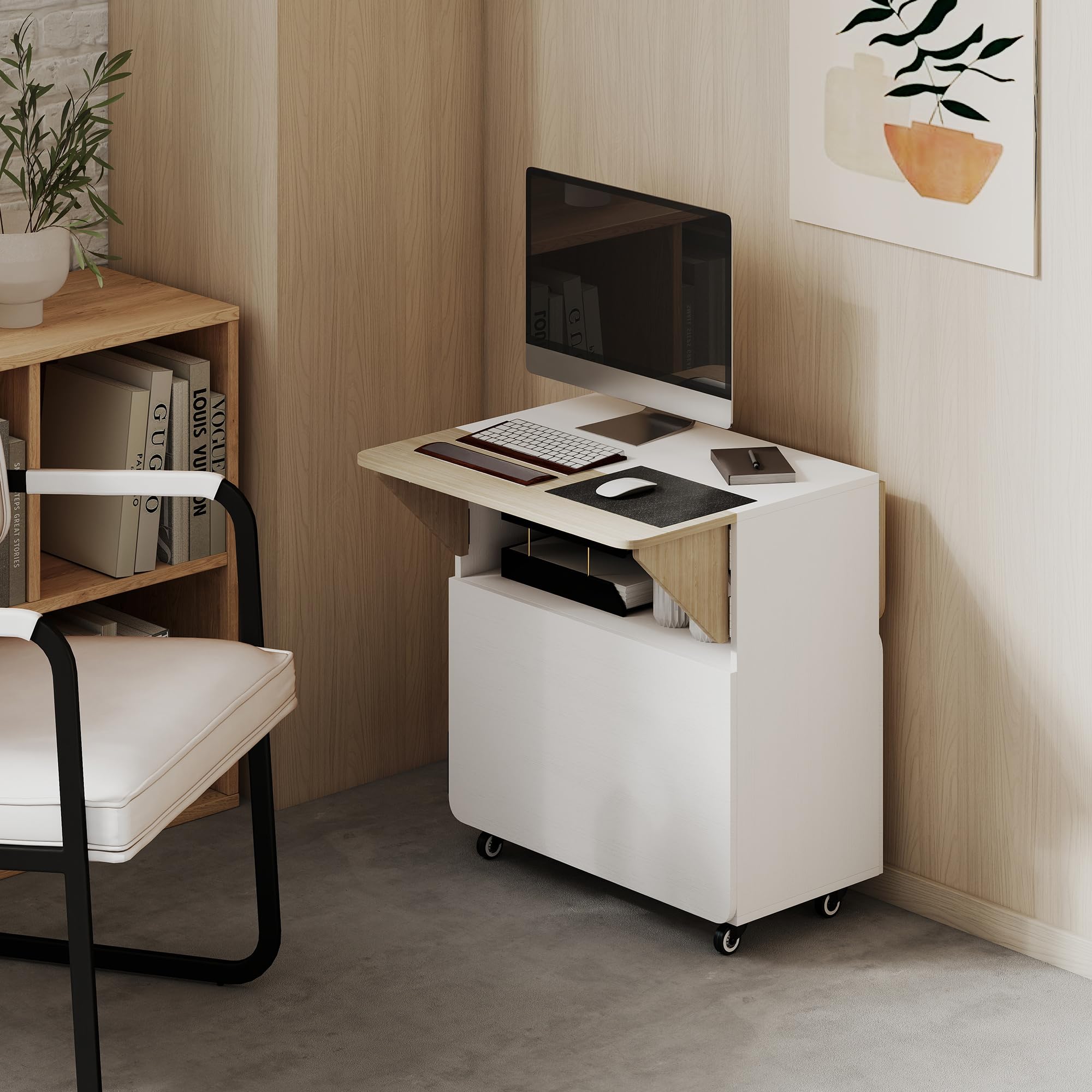 HOMCOM Table à Manger Pliante sur roulettes Étagère 70x83x75 cm Blanc
