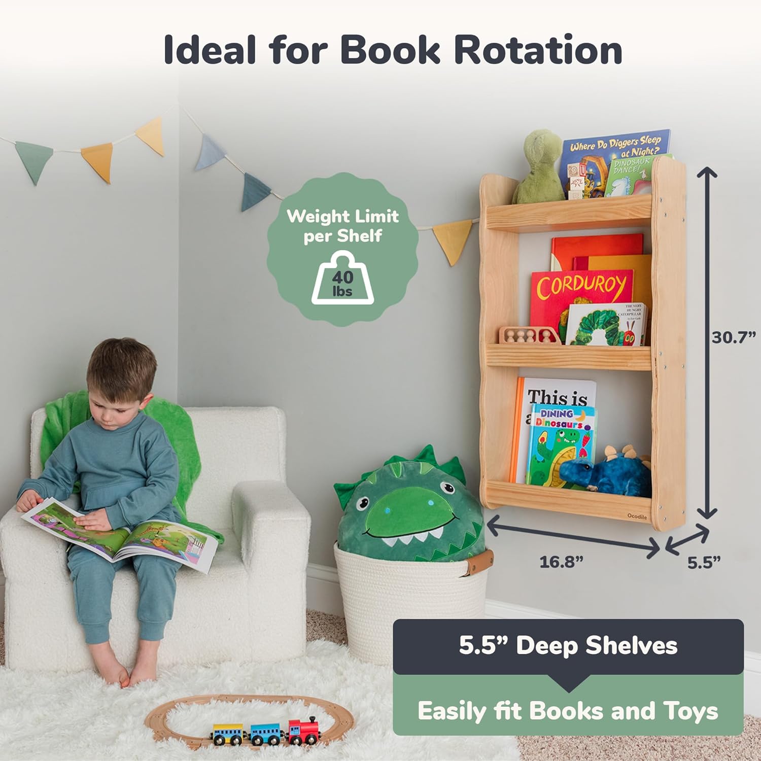 Ocodile Floating Kids Bookshelf – 3-Tier Wall Mounted Bookshelf for Nursery & Playroom – Montessori Floating Shelves for Kids Room Made of Pine Wood with Smooth Finish - Varnished