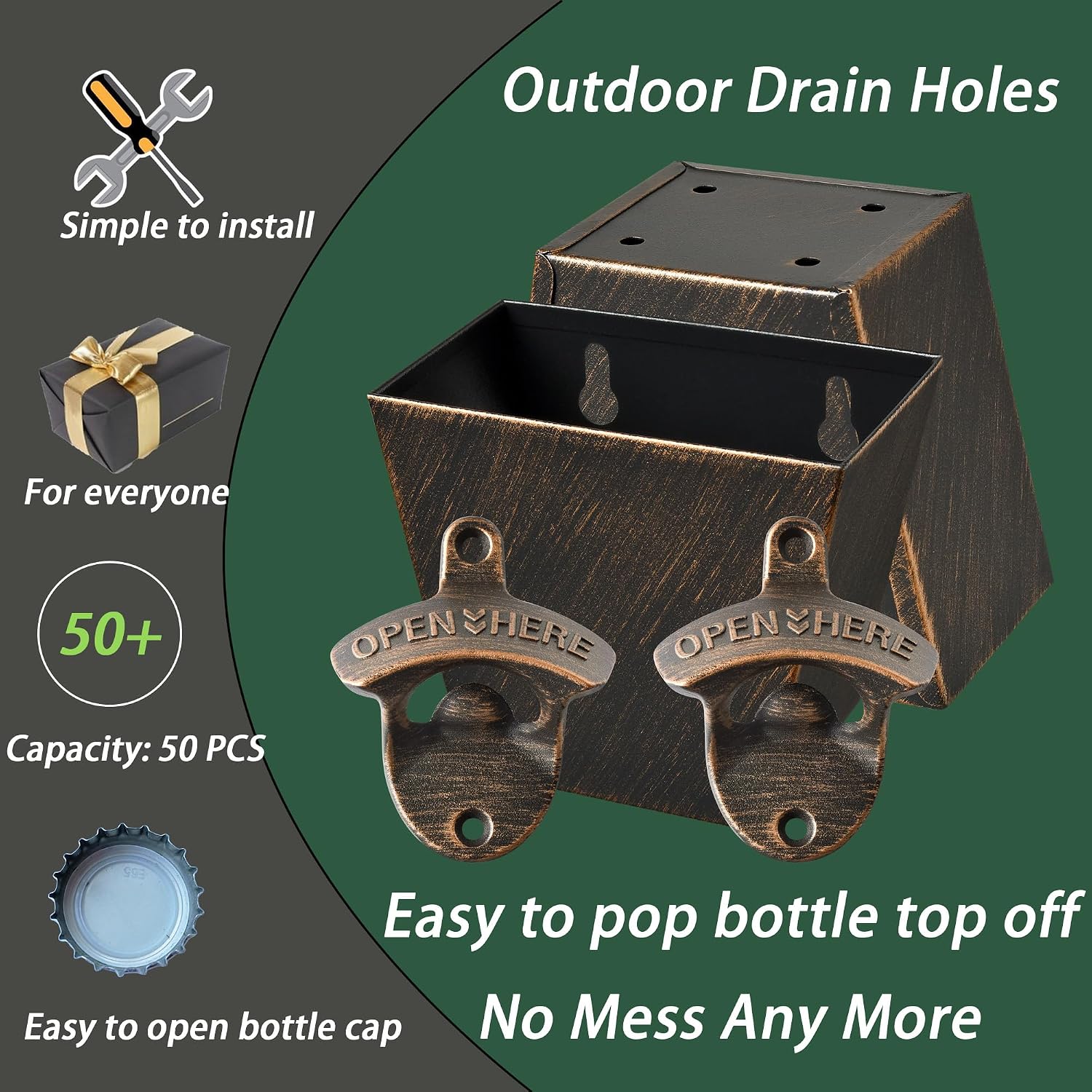 Antique Gold Stainless Beer Bottle Opener Wall Mounted with Cap Catcher Drainage Openings Outdoor Bundle (Pack of 2) image 2