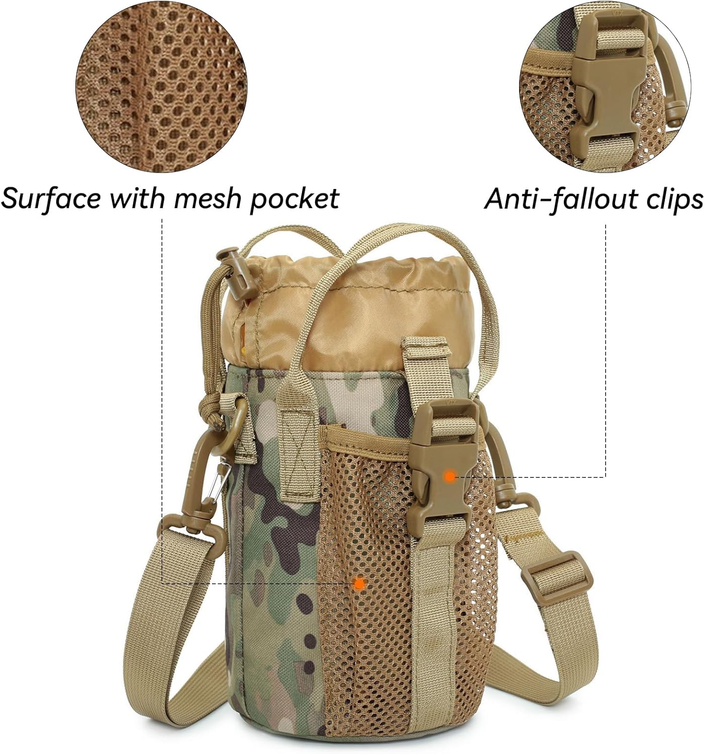 Drawstring Large Molle Water Bottles Pouch for 1.5 liter/ 52 oz bottles with Adjustable Shoulder Strap and Hand Strap, Molle Bottle Holder Sports Water Bottle Accessories for Hiking Camping