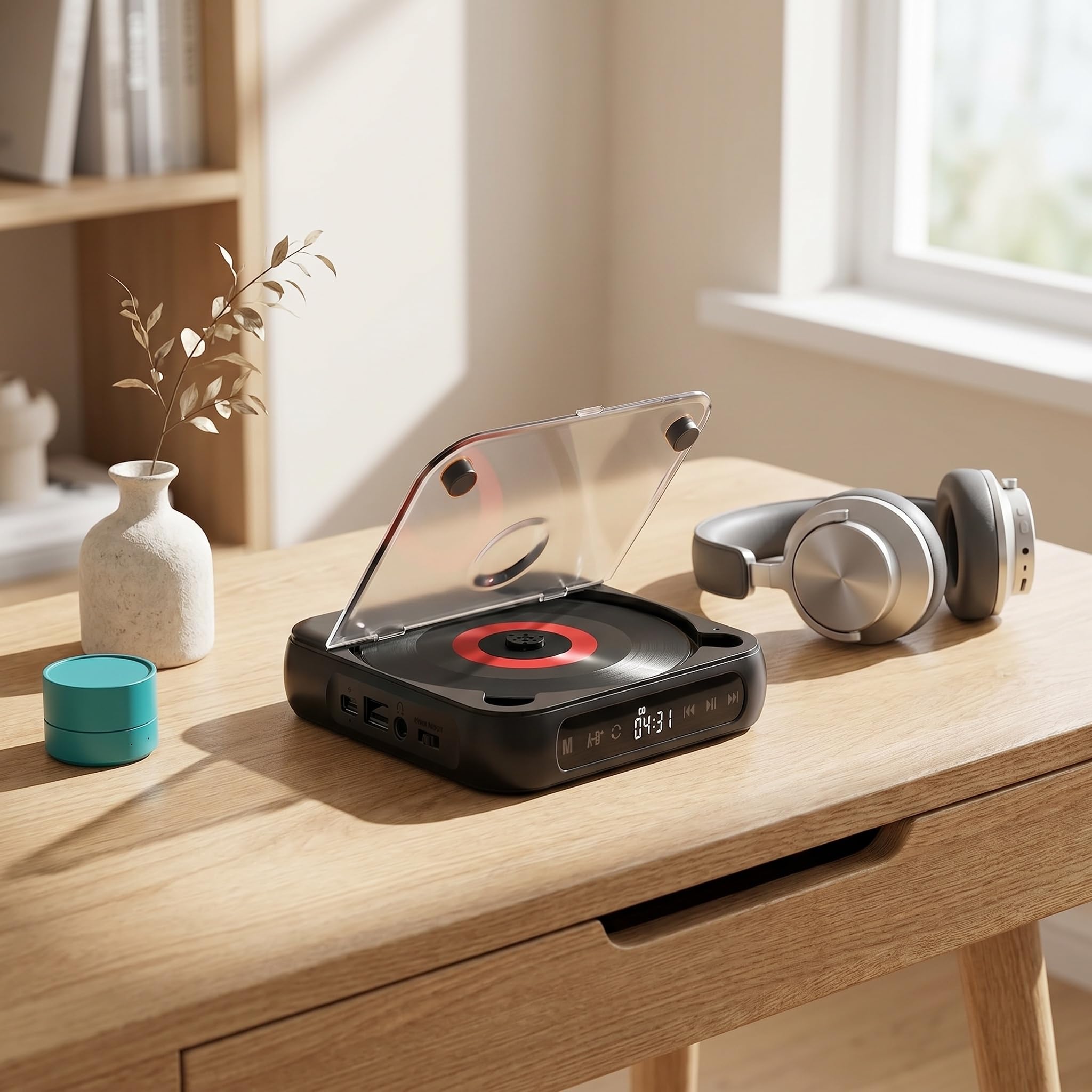 Reproductor De CD Portátil Bluetooth: Sonido De Alta Fidelidad, Recargable, Reproducción Inalámbrica/con Cable, Compatible con CD/CD-RW/mp3, Compacto Y Green 135x135x25mm
