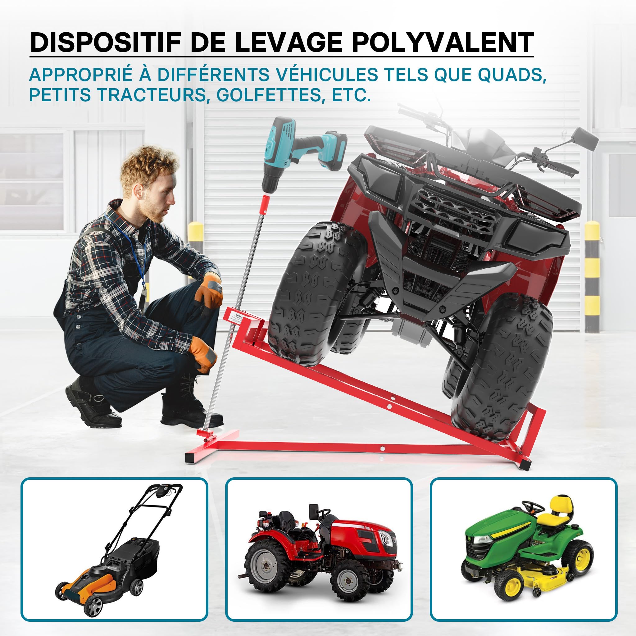 Wiltec Kit Cric lève Tracteur Tondeuse avec Adaptateur pour Visseuse sans Fil – 400 kg Max. – Acier – Mowerlifter Outillage de Mecanicien Treuil Palan Nettoyage Facile