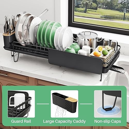 Miniatura 8 de SNTD Escurridor grande de platos Escurridor de platos extensible (19.3 a 29.4 pulgadas) para encimera de cocina, escurridor de platos de acero