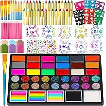 41 Color Face Painting Kit for Beginners &amp; Adults, Non-Toxic Water Activated Face Paint Palette with 28 Crayons, Reusable Stencils, Brush, Sponge, Gems - for Halloween, Birthday, Costume Makeup