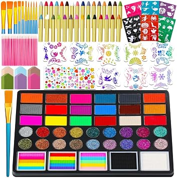 41 Color Face Painting Kit for Beginners & Adults, Non-Toxic Water Activated Face Paint Palette with 28 Crayons, Reusable Stencils, Brush, Sponge, Gems - for Halloween, Birthday, Costume Makeup