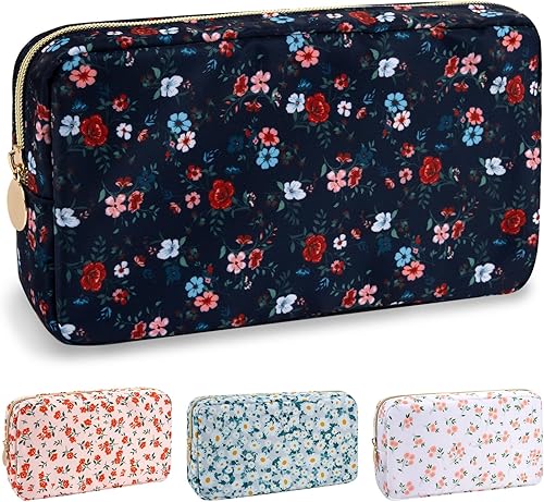 izuzta Nylon Lager Pequeño Slim Mini Maquillaje Bolsa Organizador, Azul marino-flor